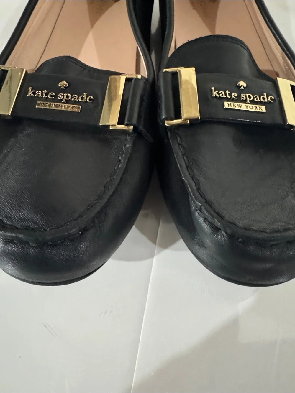 kate spade Black Leather Loafers with Gold Buckle Accents